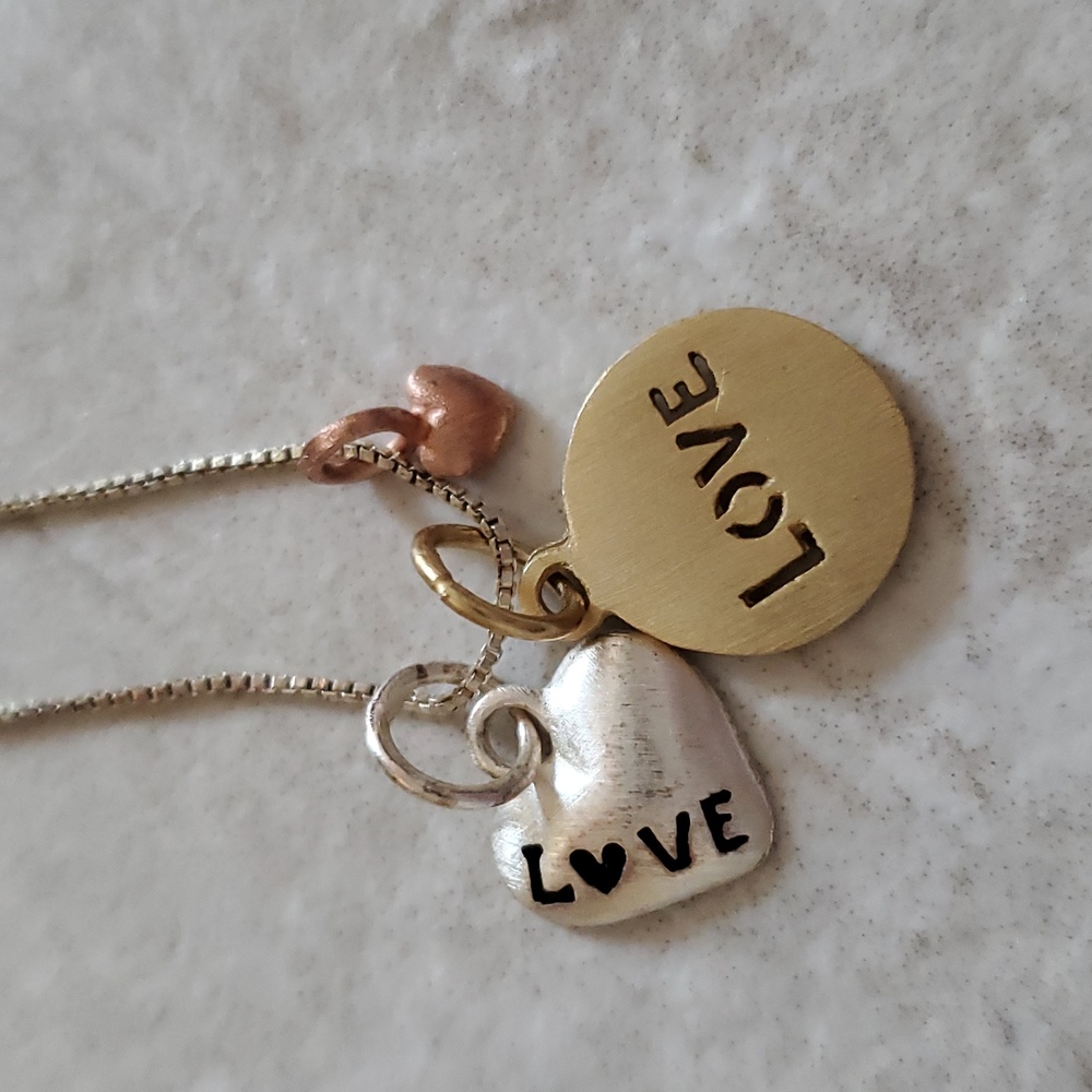 Sterling Silver Love Heart Charms Necklace Tri Metal Copper Gold